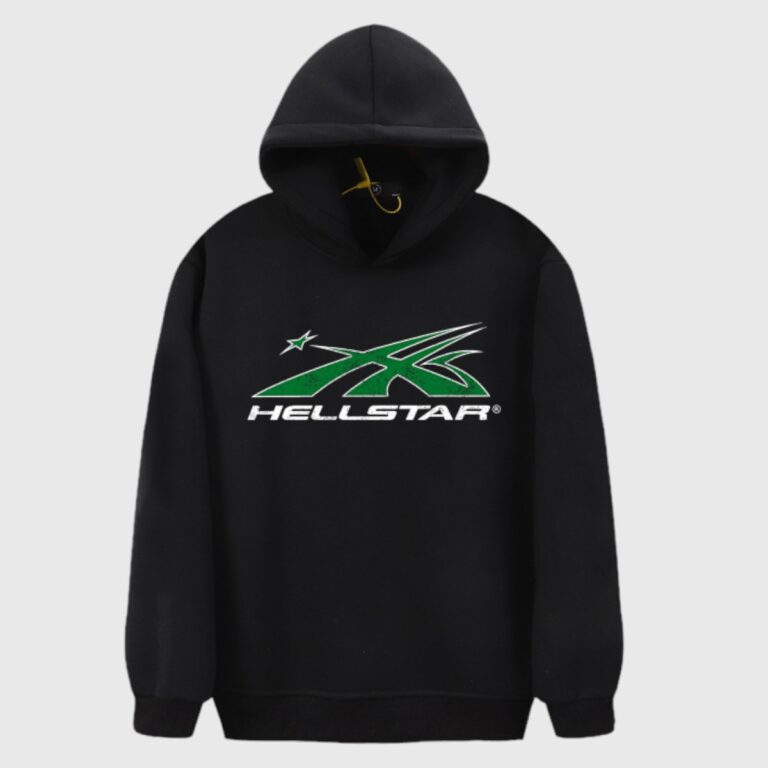 Black Hellstar Studios Future hoodie with bold futuristic green graphic print and adjustable drawstring hood design.