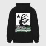 Back view of the black Hellstar Studios Future Hoodie featuring a bold graphic print with a star and face design.