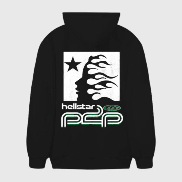 Back view of the black Hellstar Studios Future Hoodie featuring a bold graphic print with a star and face design.
