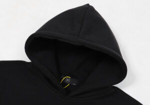 Close-up view of the hood and collar detail on the black Hellstar Studios Future hoodie for men and women streetwear.