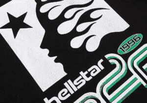 Close up view of the graphic detail on the Hellstar Studios Future Hoodie in black featuring flame and star design