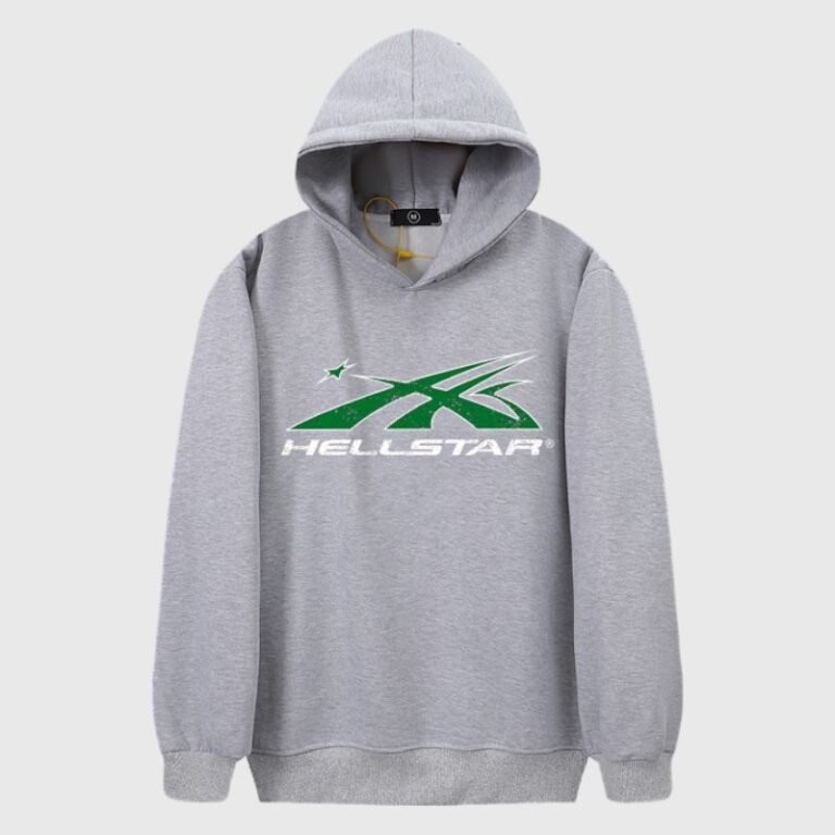 Hellstar Studios Future Hoodie in grey featuring a bold green graphic screen print and comfortable vintage washed fleece.