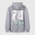 Back view of the grey Hellstar Studios Future Hoodie featuring a bold graphic print of a profile with flames.