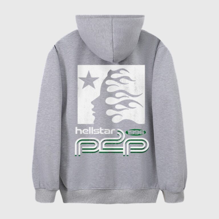 Back view of the grey Hellstar Studios Future Hoodie featuring a bold graphic print of a profile with flames.
