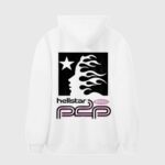 White Hellstar Studios Future hoodie featuring a bold graphic print on the back with flames and signature branding.