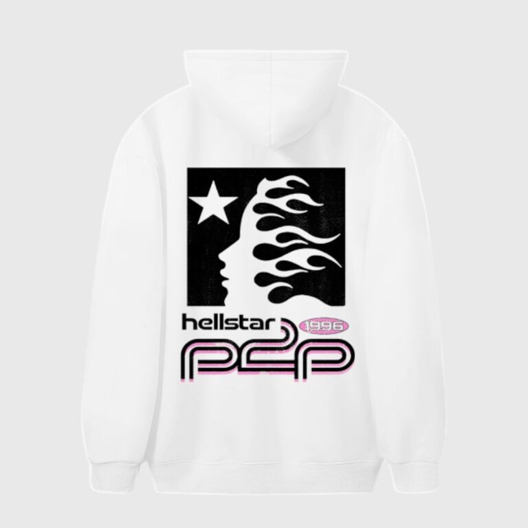 White Hellstar Studios Future hoodie featuring a bold graphic print on the back with flames and signature branding.