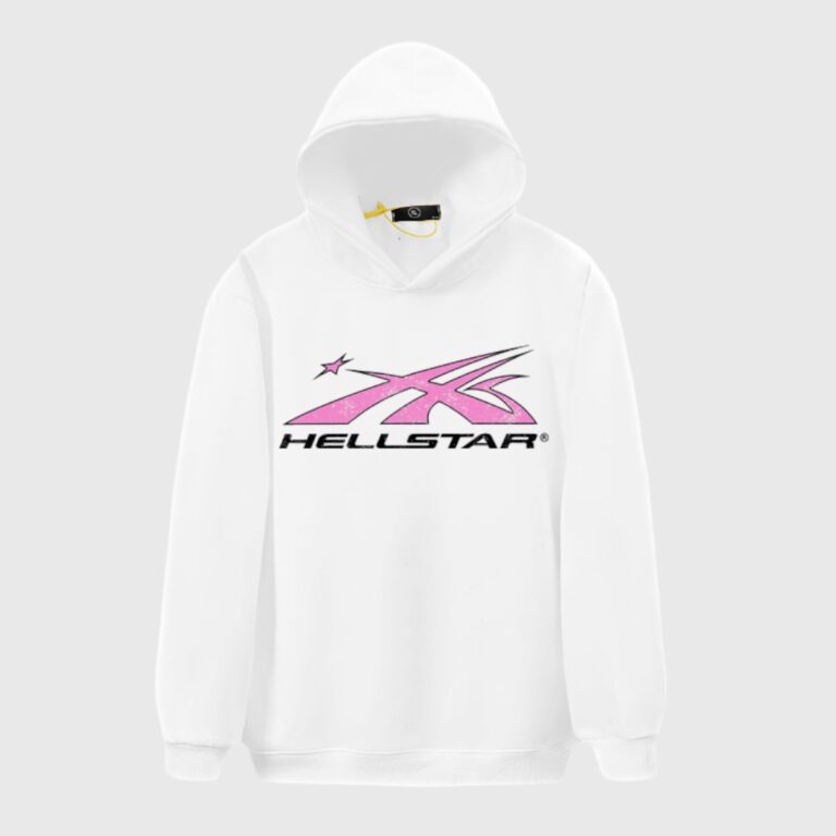 Hellstar Studios Future Hoodie in white, featuring a bold pink graphic print and a relaxed, premium fleece fit.