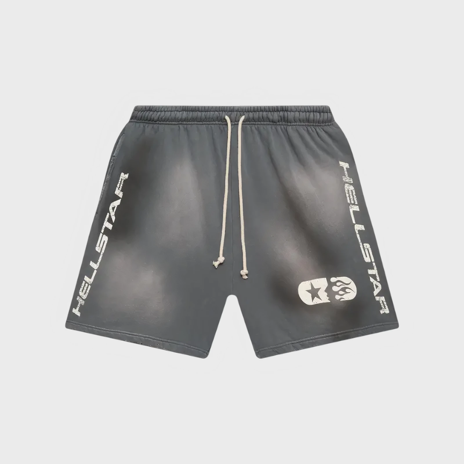 Hellstar Studios Graphic Print Shorts Charcoal Charcoal grey Hellstar Studios graphic print shorts with a drawstring waist and branded side text details.