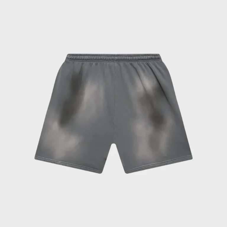 Hellstar Studios grey graphic print shorts featuring a faded vintage-style aesthetic shown from the front view