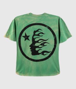 Hellstar Studios green short sleeve graphic t-shirt featuring a black circular logo with a flame-inspired face design.