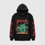 Black Hellstar Studios Heaven On Earth hoodie featuring a graphic of the planet and the text Is This What Heaven Sounds Like