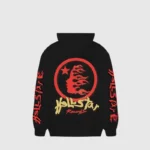 Hellstar Studios Heaven On Earth black hoodie featuring a graphic back print with flames and star logo design