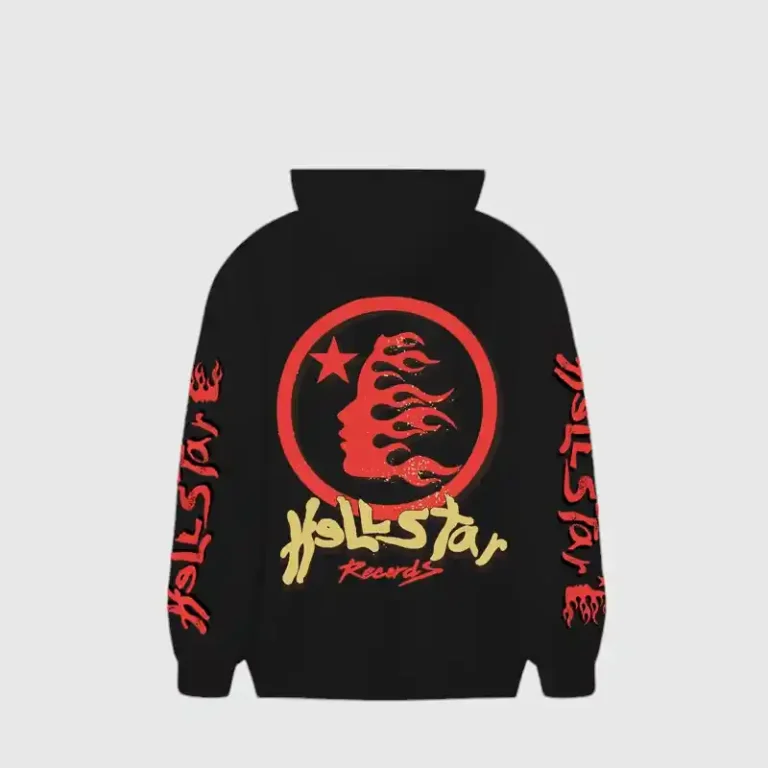 Hellstar Studios Heaven On Earth black hoodie featuring a graphic back print with flames and star logo design