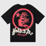 Hellstar Studios black tee back print showing red flaming profile, star emblem and Hellstar Records logo script