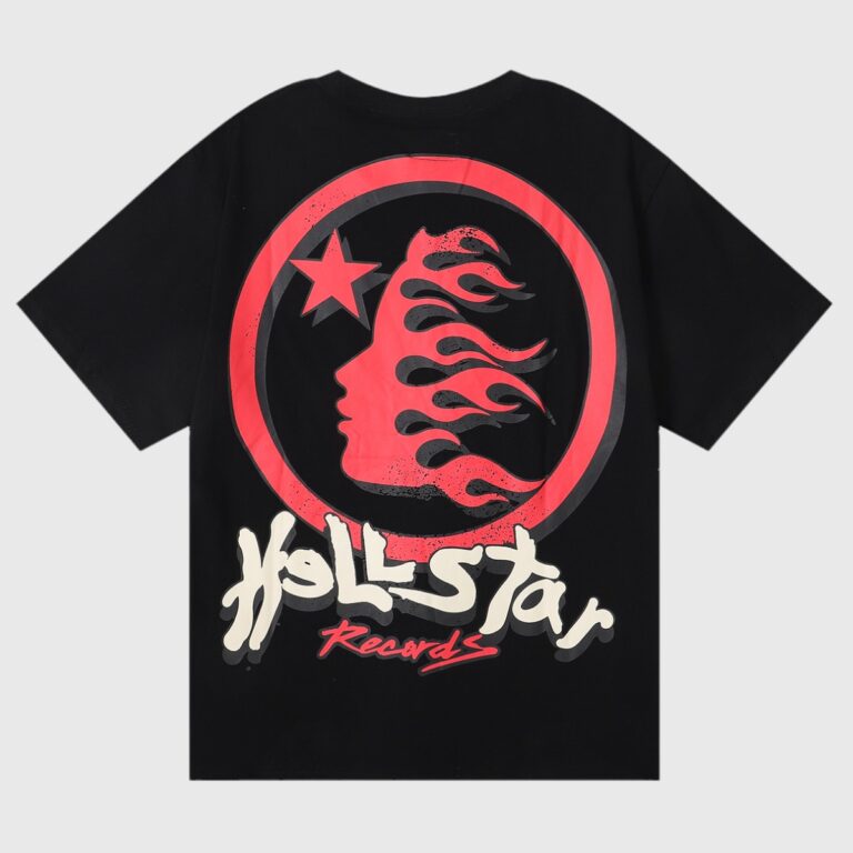 Hellstar Studios black tee back print showing red flaming profile, star emblem and Hellstar Records logo script