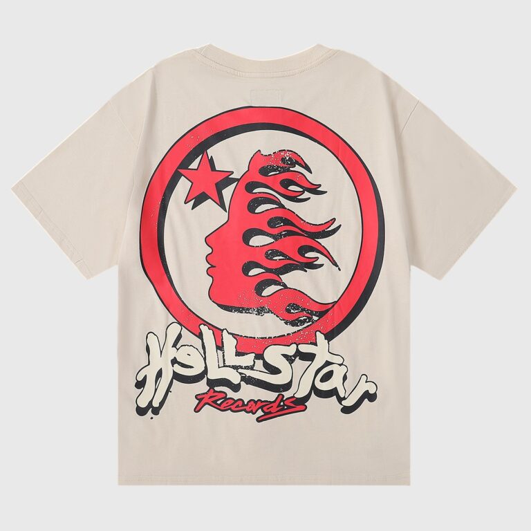 Back view of the beige Hellstar Studios Heaven on Earth T-shirt featuring a flame and star logo graphic design.