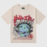 Hellstar Studios Heaven on Earth beige tee front print: cracked earth with headphones, red Hellstar logo, cream cotton shirt