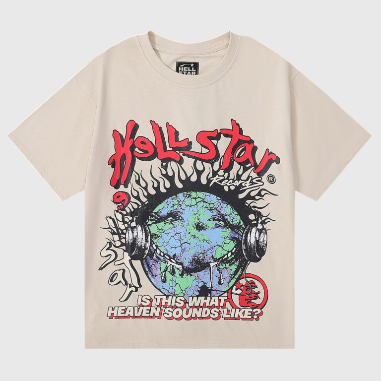 Hellstar Studios Heaven on Earth beige tee front print: cracked earth with headphones, red Hellstar logo, cream cotton shirt