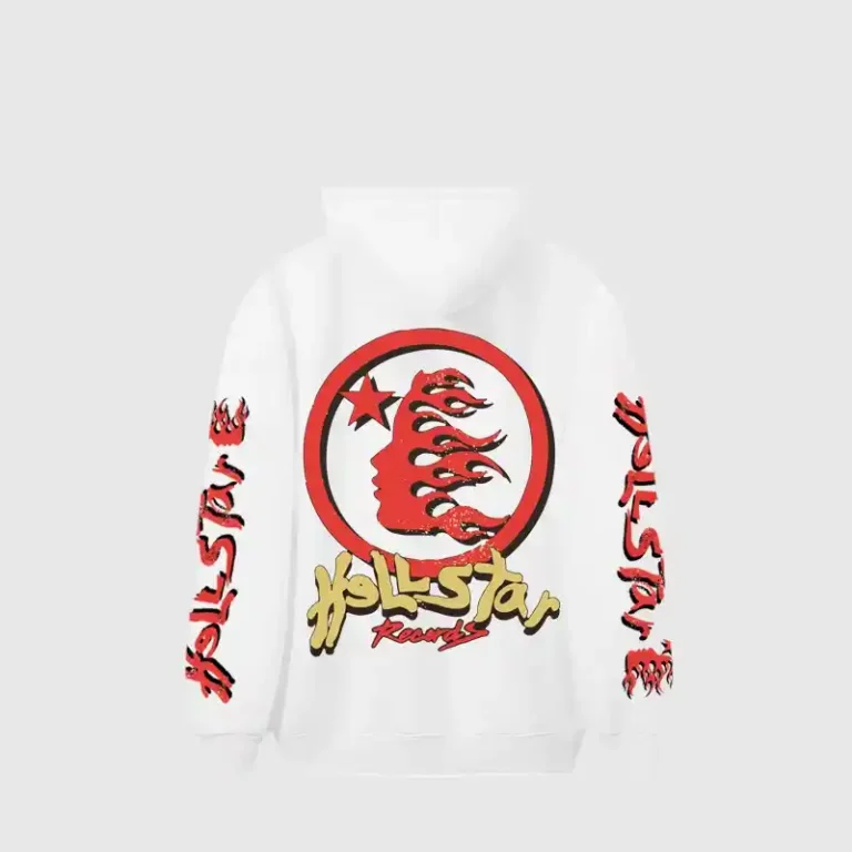 Back view of the white Hellstar Studios Heaven on Earth hoodie featuring red and gold graphic logo printing.