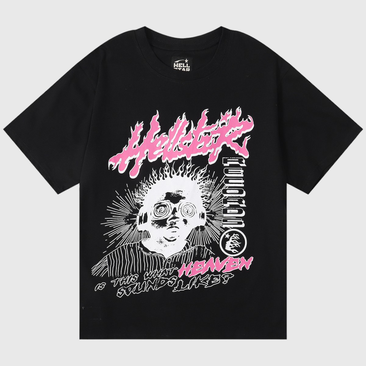 Hellstar Studios Heaven Sounds Like T-Shirt Black Hellstar Studios Heaven Sounds Like black tee featuring pink flaming logo and surreal character wearing headphones graphic