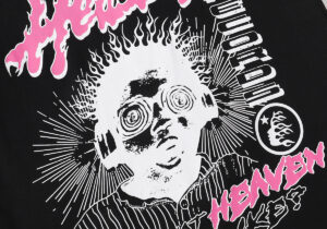 Hellstar Studios Heaven Sounds Like T-shirt graphic featuring a person with hypnotic swirling eyes and headphones.
