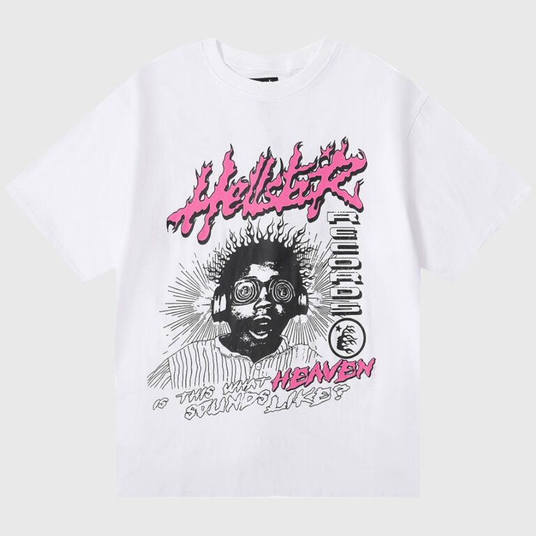 Hellstar Studios white "Heaven Sounds Like" graphic tee with pink flaming logo and black headphones portrait