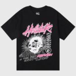 Hellstar Studios black oversized t-shirt with pink flame logo, surreal headphones character and "Heaven Sounds Like" text
