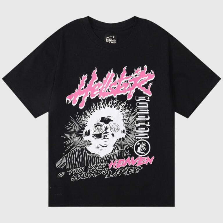 Hellstar Studios black oversized t-shirt with pink flame logo, surreal headphones character and "Heaven Sounds Like" text