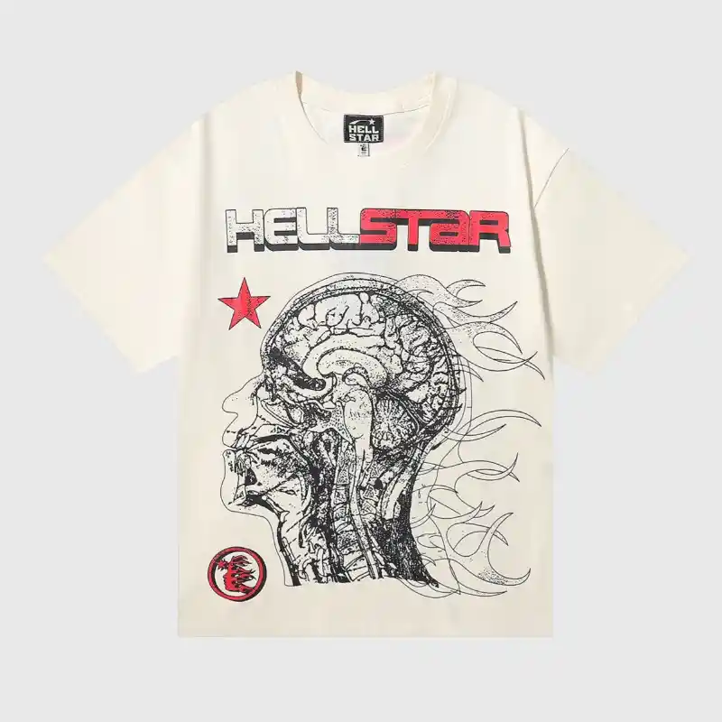 Hellstar Studios Human Development T-Shirt in cream featuring an intricate anatomical head graphic print front design.