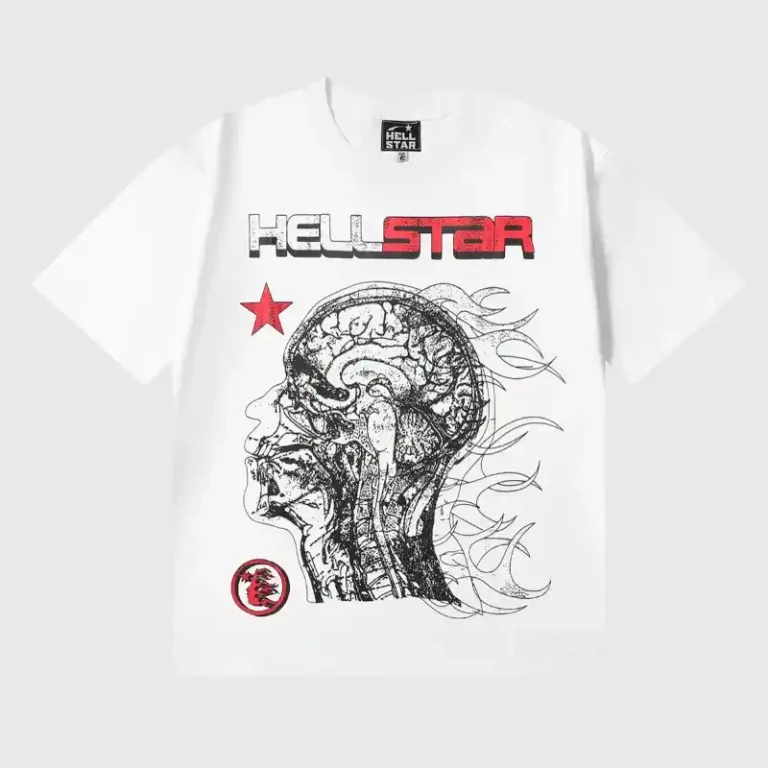 Hellstar Studios Human Development white t-shirt featuring a detailed anatomical brain and human head graphic design.