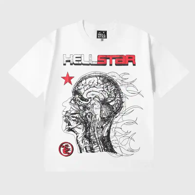 Hellstar Studios Human Development white t-shirt featuring a detailed anatomical brain and human head graphic design.