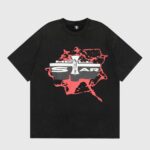 Hellstar Studios Jesus Emblem black vintage washed cotton T‑shirt featuring red splash graphic and crucifix logo, unisex