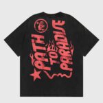 Hellstar Studios black vintage-wash unisex T-shirt with large distressed red "Jesus" emblem and flame graphics on back