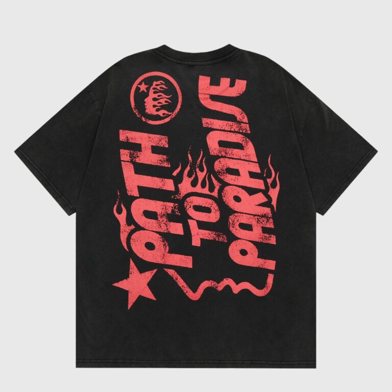 Hellstar Studios black vintage-wash unisex T-shirt with large distressed red "Jesus" emblem and flame graphics on back