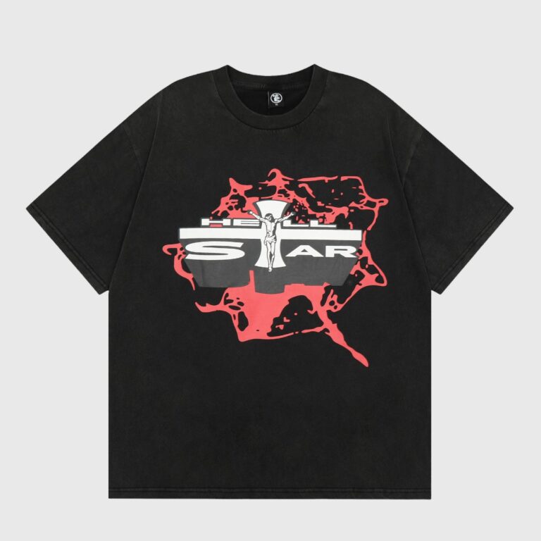 Hellstar Studios Jesus Emblem black vintage washed cotton T‑shirt featuring red splash graphic and crucifix logo, unisex