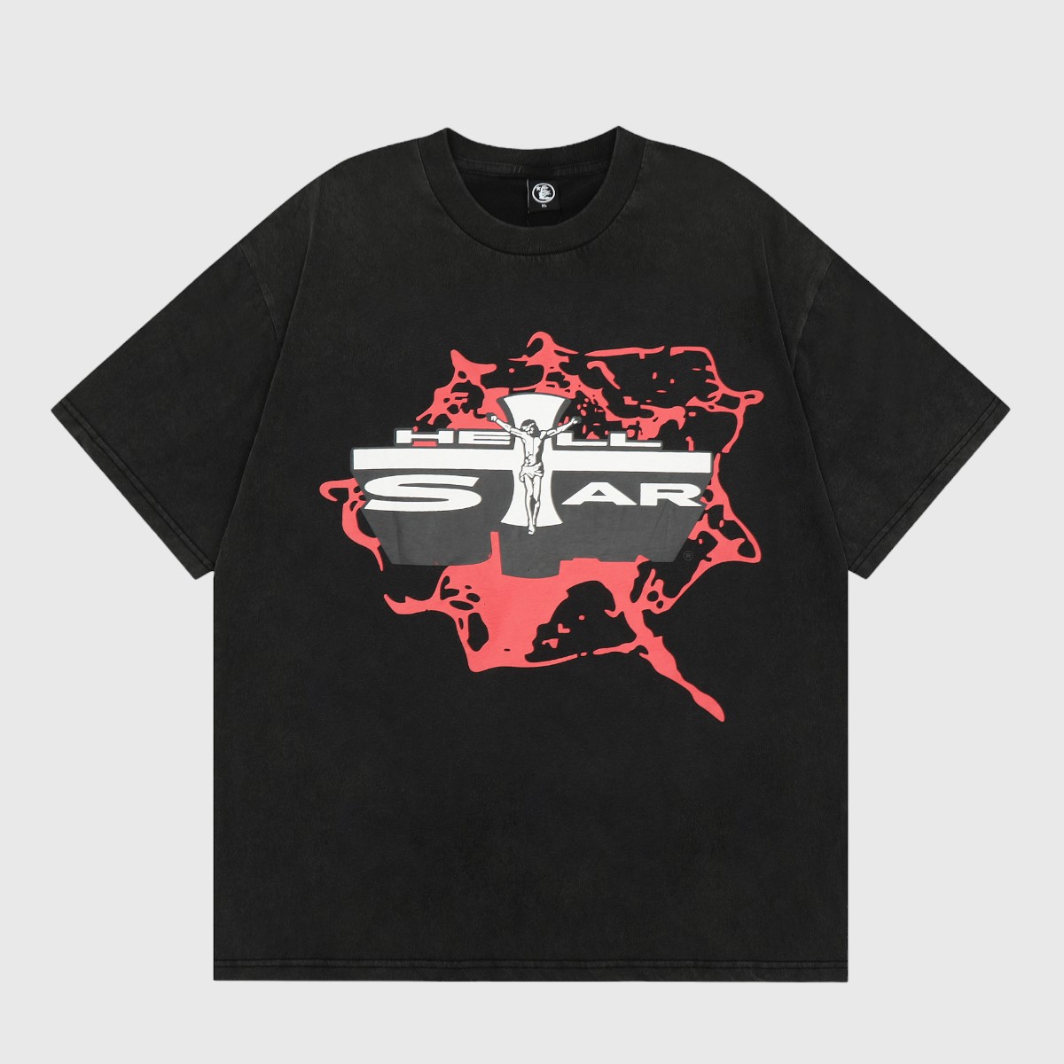 Hellstar Studios Jesus Emblem Black T-Shirt Hellstar Studios Jesus Emblem black vintage washed cotton T‑shirt featuring red splash graphic and crucifix logo, unisex