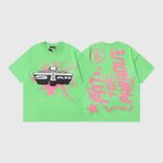 Hellstar Studios Jesus Emblem lime green T-shirt showing front and back graphic logo design on high quality cotton.