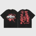 Hellstar Studios Jesus Emblem black vintage T‑shirt, red crucifix emblem on front and bold red graphic down the back