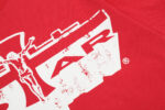 Close up of the Hellstar Studios Jesus emblem graphic print on a red cotton t-shirt fabric background.