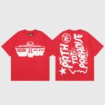 Red Hellstar Studios T‑shirt with white Jesus emblem on front and bold "Path to Paradise" back print