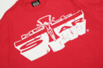 Hellstar Studios Jesus Emblem T-Shirt in red with a white vintage screen-printed graphic logo and premium cotton fit.