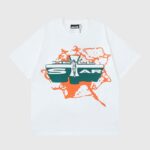 Hellstar Studios white T-shirt featuring a crucifixion graphic logo with green and orange paint splatter details.