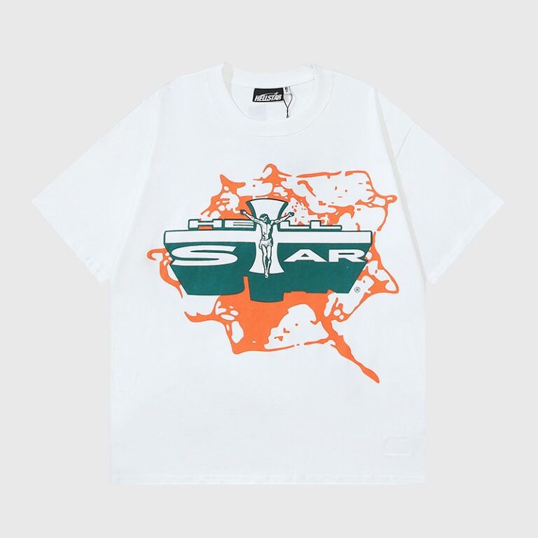 Hellstar Studios white T-shirt featuring a crucifixion graphic logo with green and orange paint splatter details.