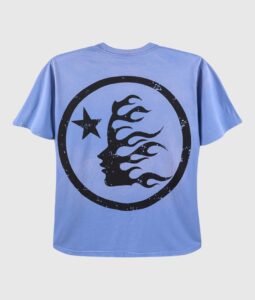 Light blue Hellstar Studios short sleeve t-shirt featuring a black circular graphic with a star and face design.