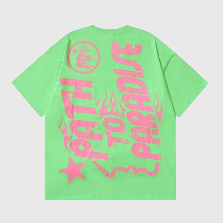 Back view of the Hellstar Studios Path To Paradise lime green graphic T-shirt featuring pink distressed lettering.