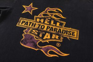 Hellstar Studios Path to Paradise Star graphic detail on a black vintage washed cotton biker tour t-shirt