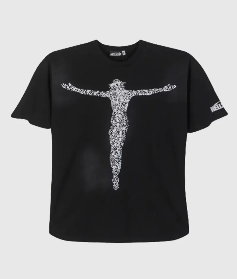 Black Hellstar Studios T-shirt featuring a unique graphic of Christ rendered in a modern QR code digital pattern.