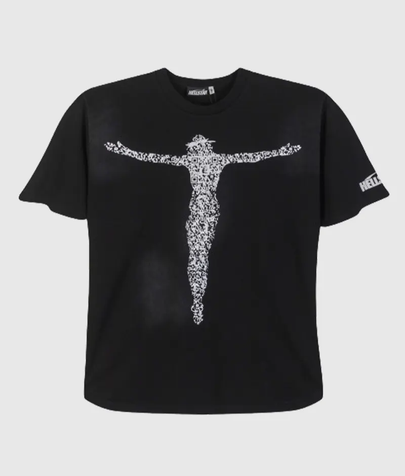 Hellstar Studios QR Christ Black T Shirt Black Hellstar Studios T-shirt featuring a unique graphic of Christ rendered in a modern QR code digital pattern.