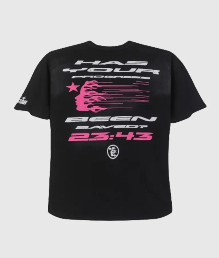 Back view of the black Hellstar Studios QR Christ graphic t-shirt featuring pink flames and custom text design.