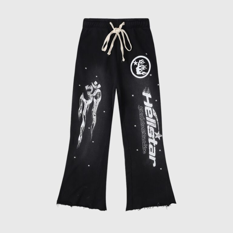 Hellstar Studios Racer Flare Sweatpants in black featuring vintage washed heavyweight fleece and white graphic prints.